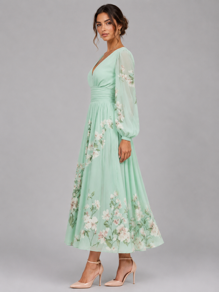 Women’s Floral Chiffon V-Neck Midi Dress – Flowing A-Line Fit