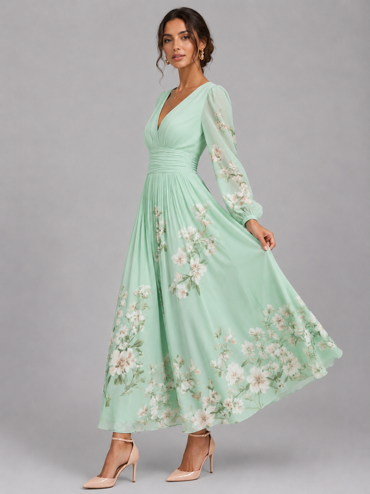 Women’s Floral Chiffon V-Neck Midi Dress – Flowing A-Line Fit
