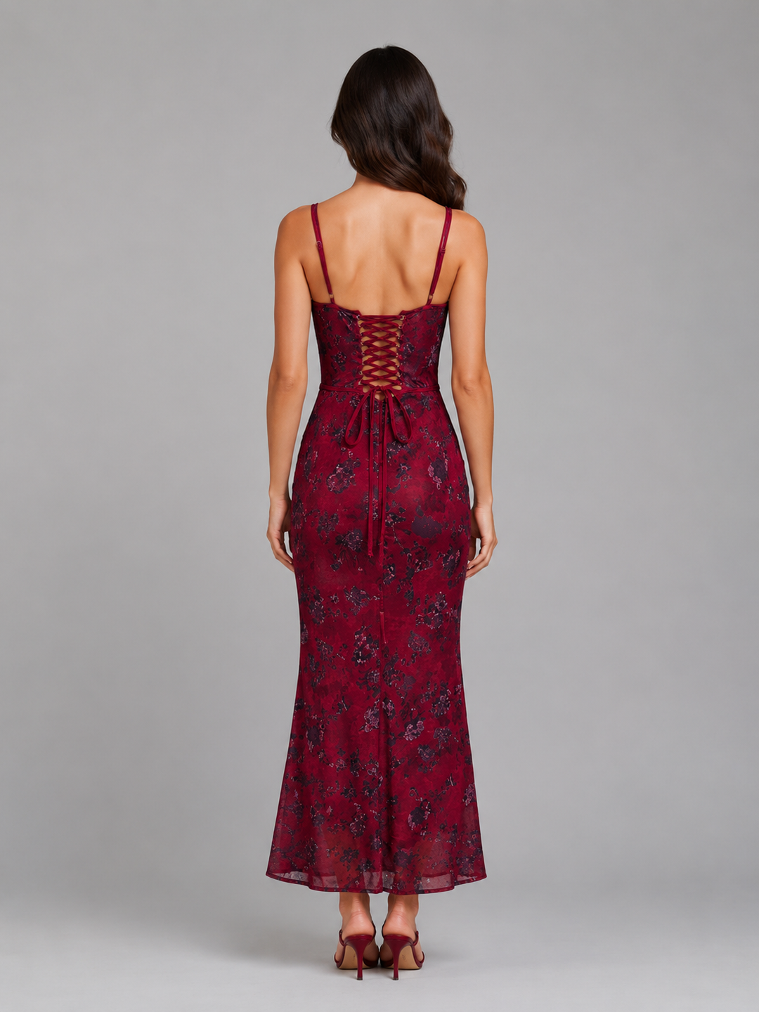 Women's Floral Corset Maxi Dress – Lace-Up Back Gown