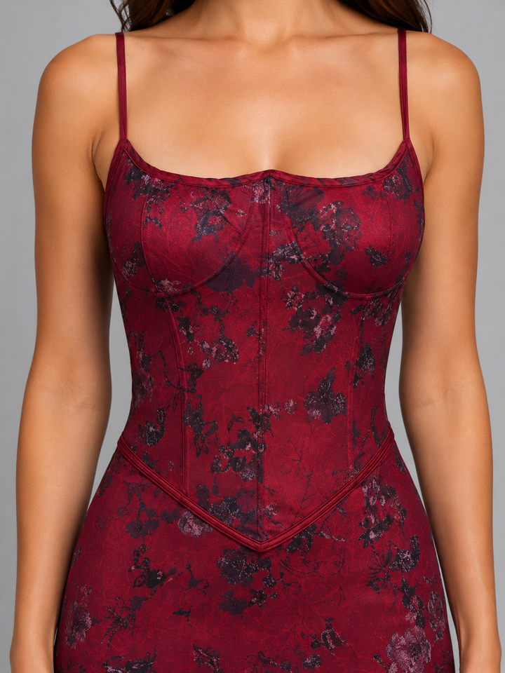 Women's Floral Corset Maxi Dress – Lace-Up Back Gown
