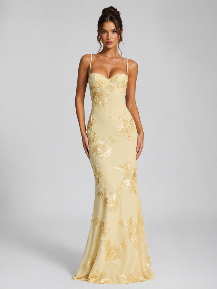 Women’s Floral Corset Maxi Dress – Sculpted Elegant Silhouette