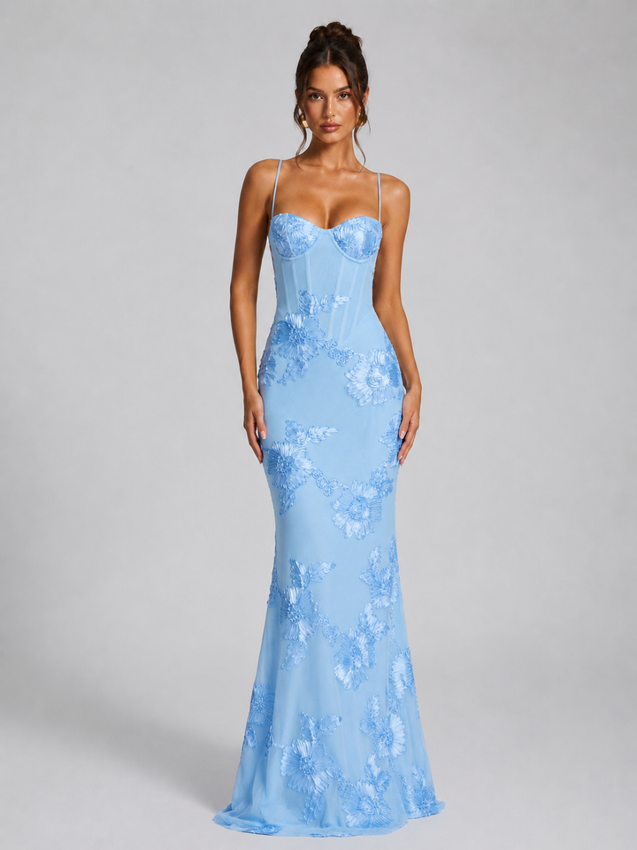 Women’s Floral Corset Maxi Dress – Sculpted Elegant Silhouette