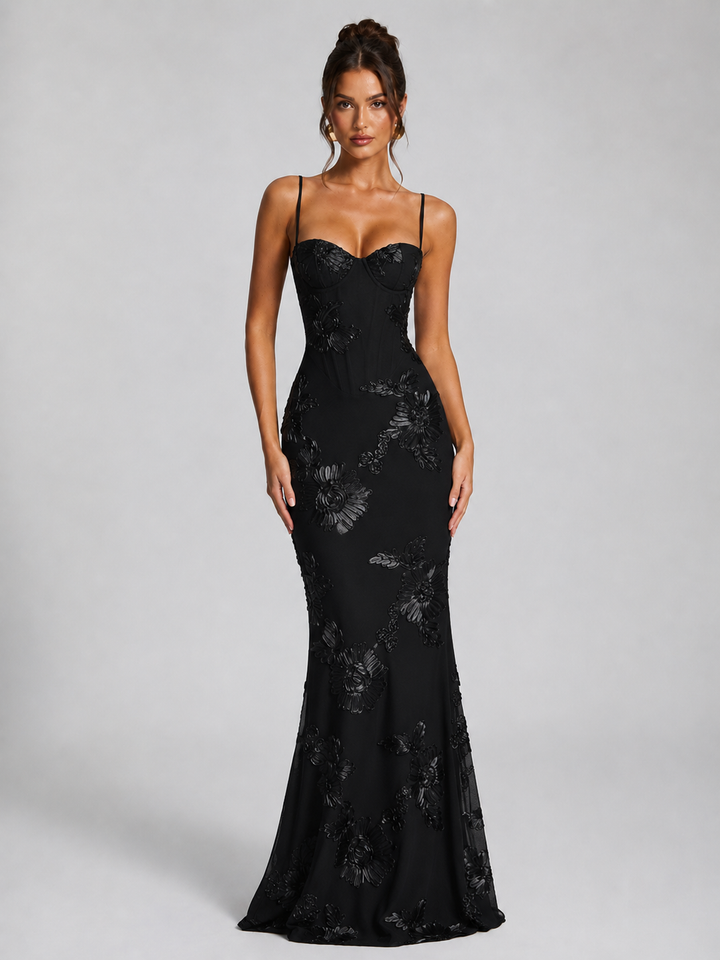 Women’s Floral Corset Maxi Dress – Sculpted Elegant Silhouette
