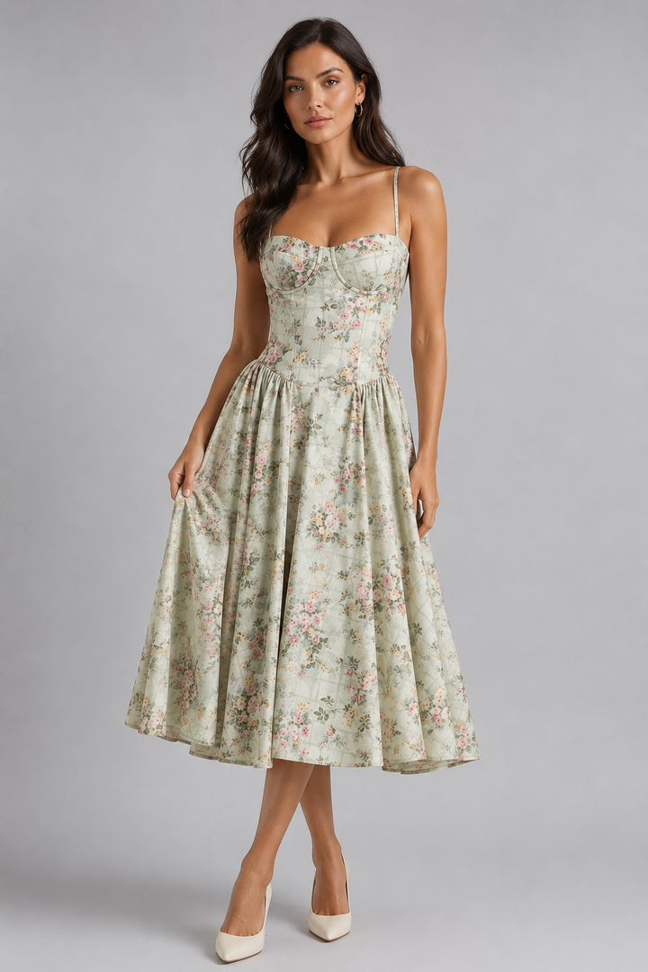 Women’s Floral Corset Midi Dress – Sweetheart Neck Wedding Guest Style