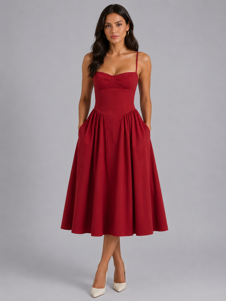 Women’s Floral Corset Midi Dress – Sweetheart Neck Wedding Guest Style