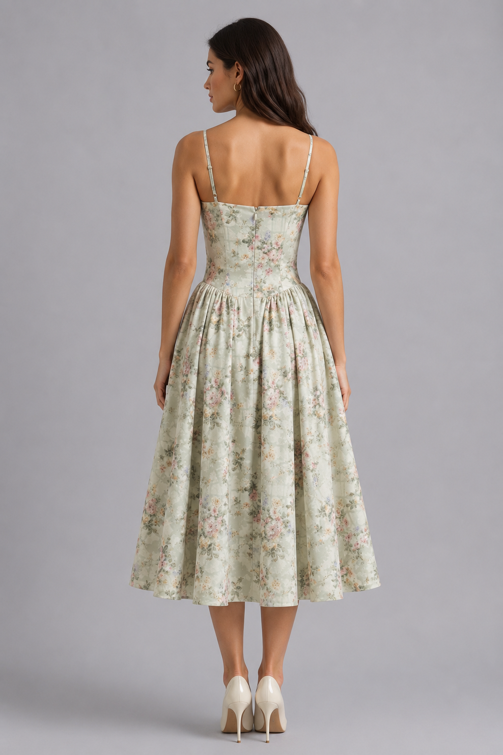 Women’s Floral Corset Midi Dress – Sweetheart Neck Wedding Guest Style