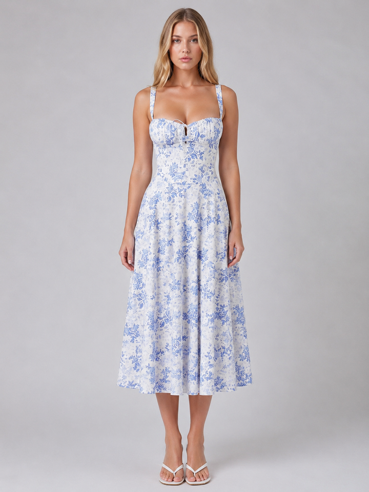 Women’s Floral Corset Sweetheart Neck Midi Dress - Wedding Guest Style