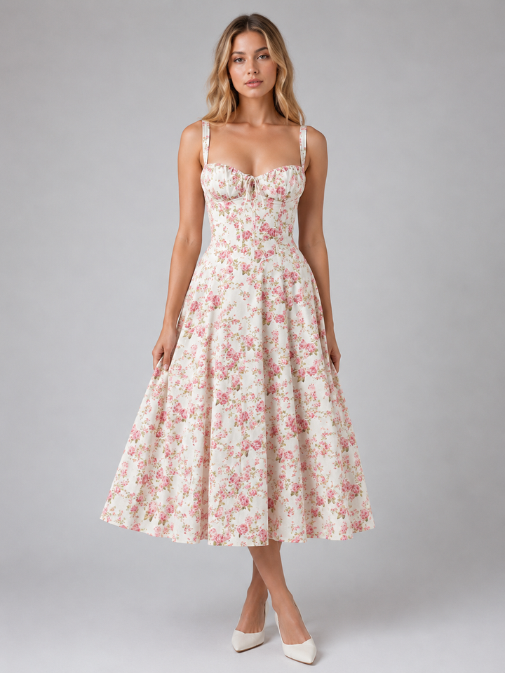 Women’s Floral Corset Sweetheart Neck Midi Dress – Wedding Guest Style