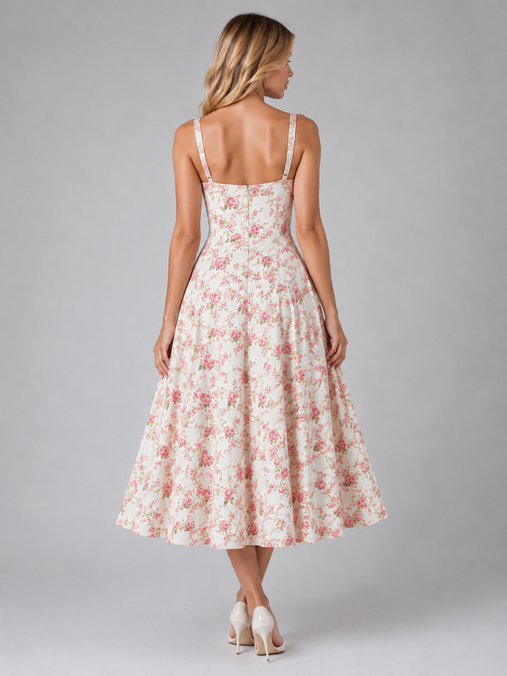 Women’s Floral Corset Sweetheart Neck Midi Dress – Wedding Guest Style