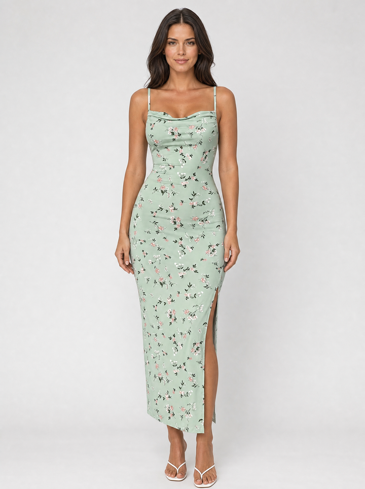 Women’s Floral Cowl Neck Midi Dress – Side Split Summer Style