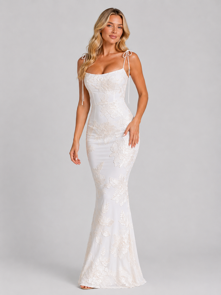 Women's Floral Embroidered Maxi Dress – Tie Strap Occasion Gown