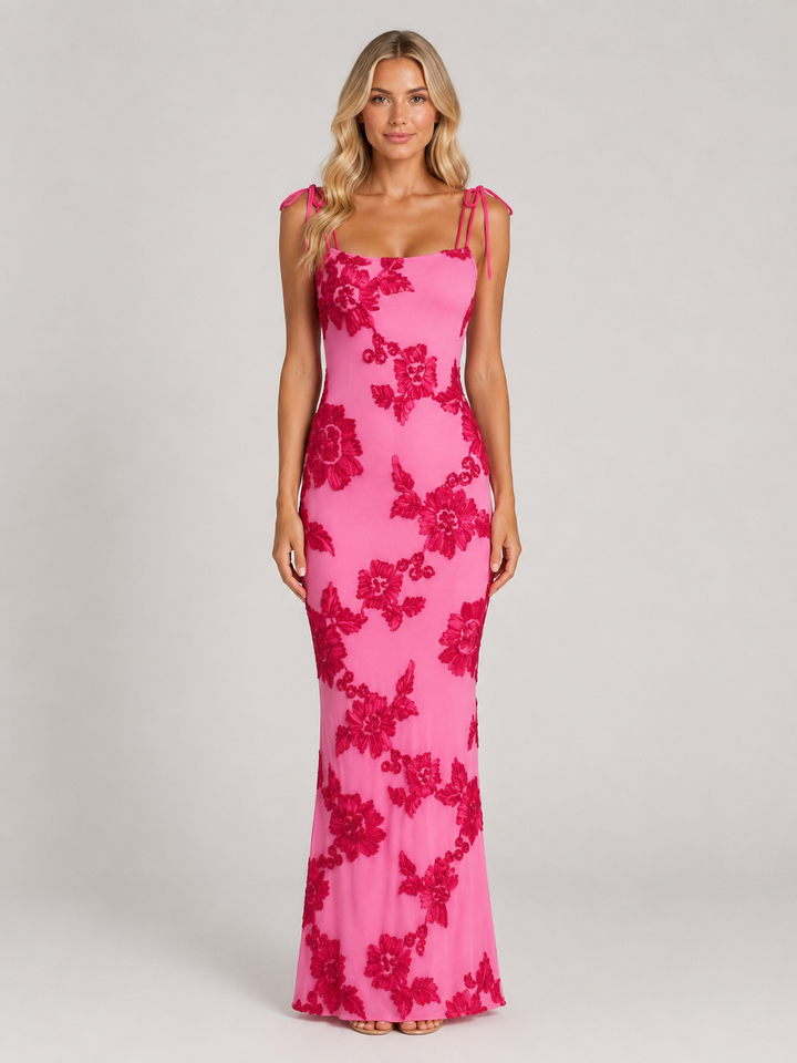 Women's Floral Embroidered Maxi Dress – Tie Strap Occasion Gown