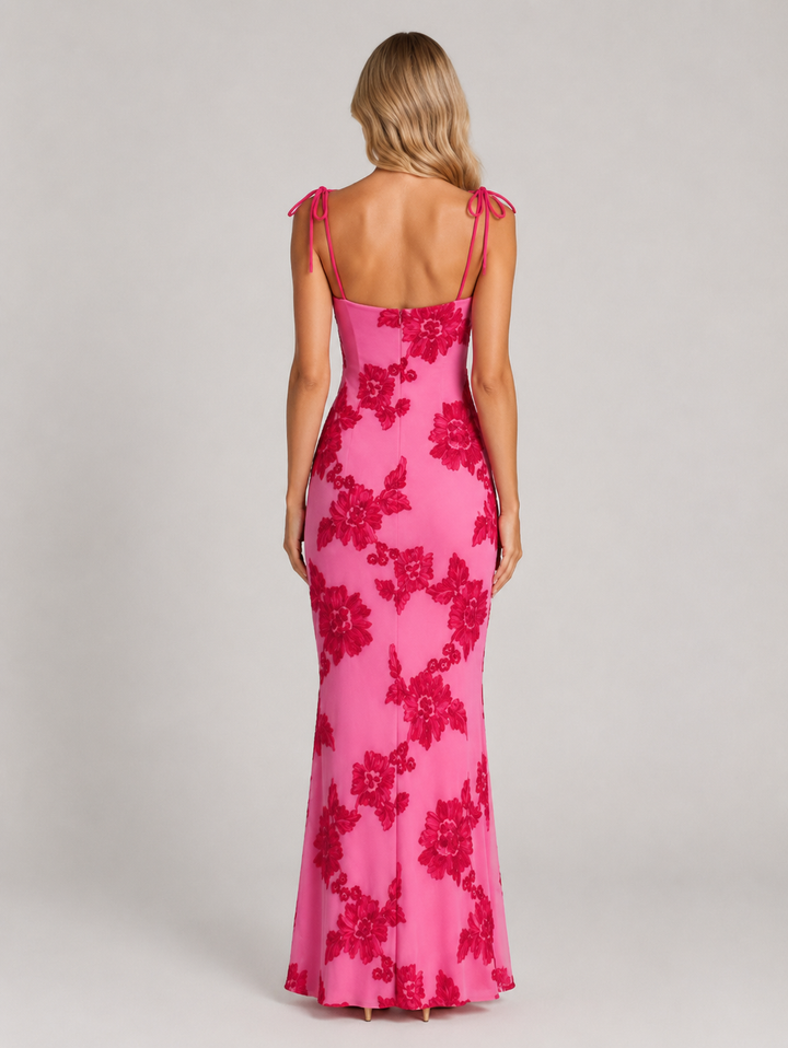 Women's Floral Embroidered Maxi Dress – Tie Strap Occasion Gown