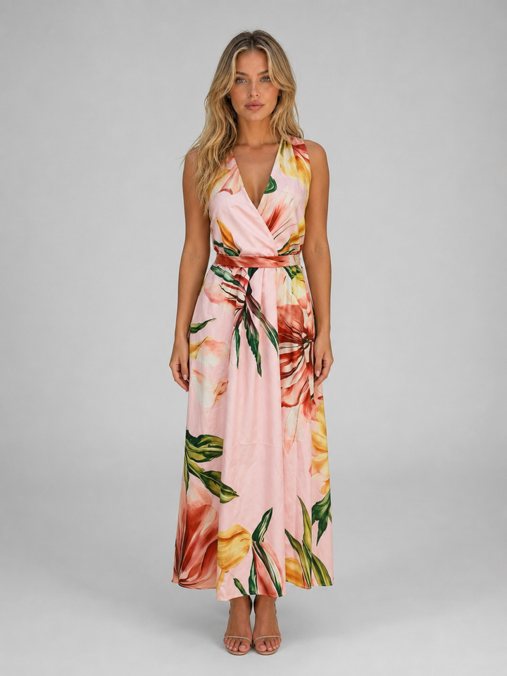 Women's Floral Halter Maxi Dress - Tie Waist Summer Occasion Style