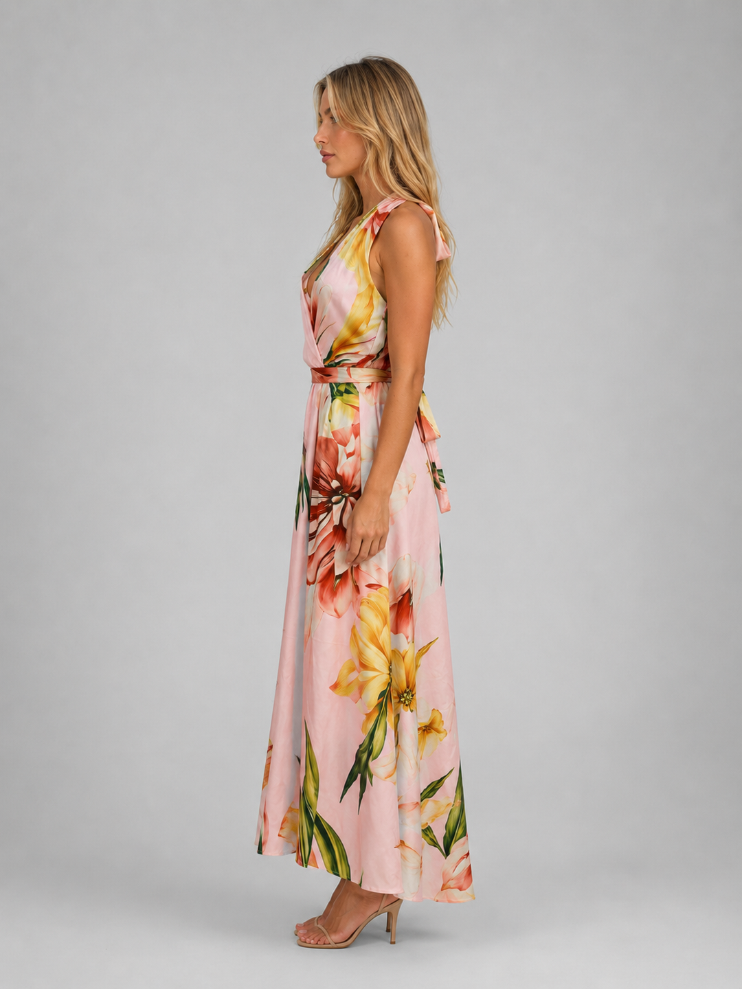 Women's Floral Halter Maxi Dress – Tie Waist Summer Occasion Style