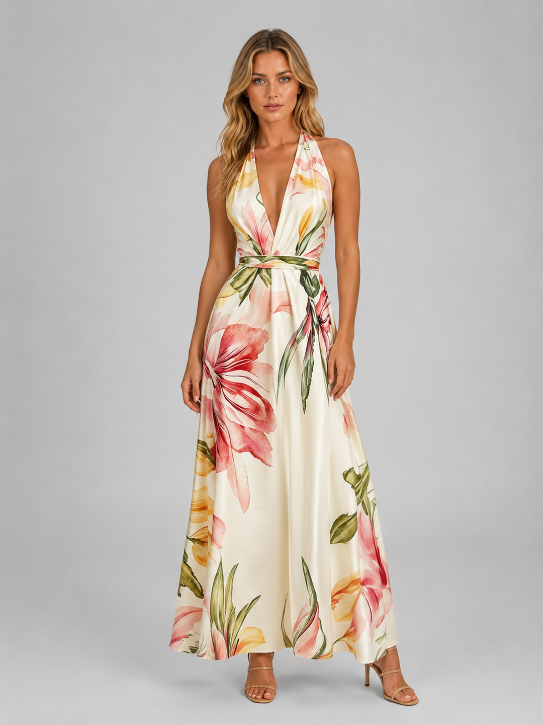 Women's Floral Halter Maxi Dress – Tie Waist Summer Occasion Style