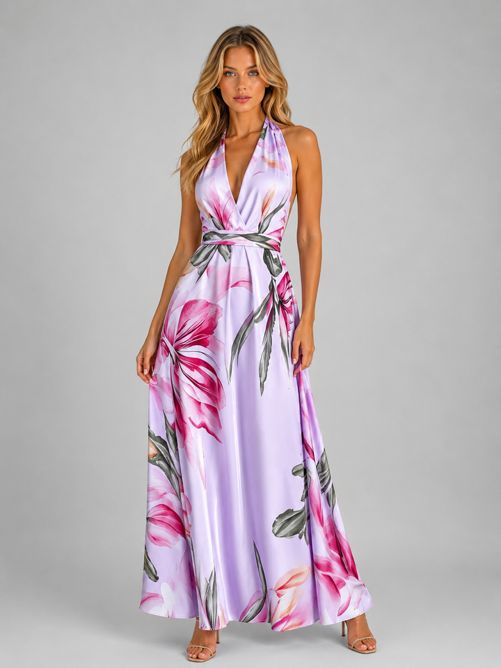 Women's Floral Halter Maxi Dress – Tie Waist Summer Occasion Style
