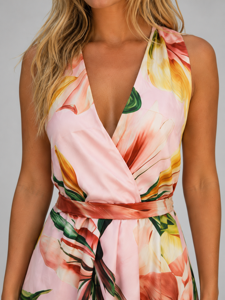 Women's Floral Halter Maxi Dress – Tie Waist Summer Occasion Style