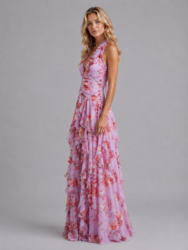 Women’s Floral Halter Maxi Dress – Wedding Guest Evening Gown