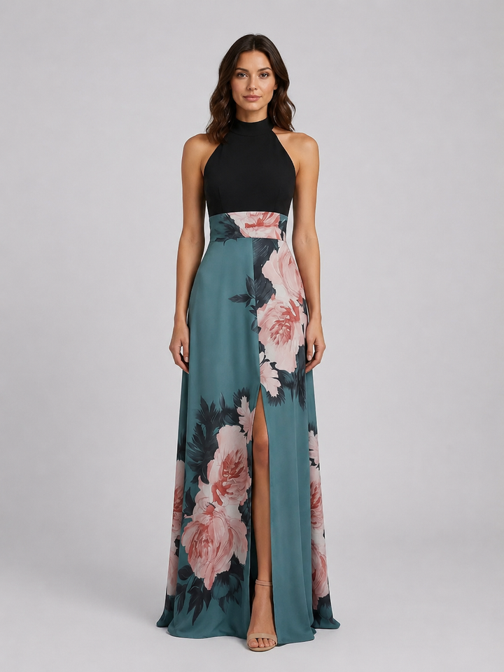 Women's Floral Halter Neck Maxi Dress – Elegant Occasion Gown