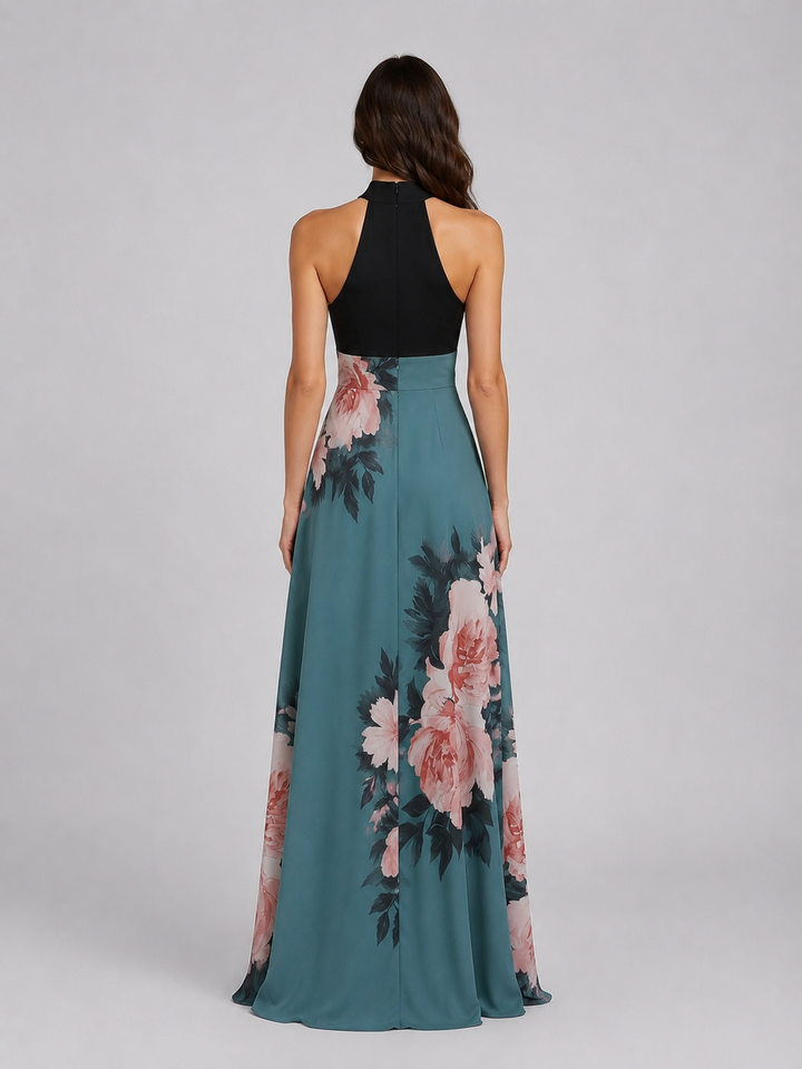 Women's Floral Halter Neck Maxi Dress – Elegant Occasion Gown