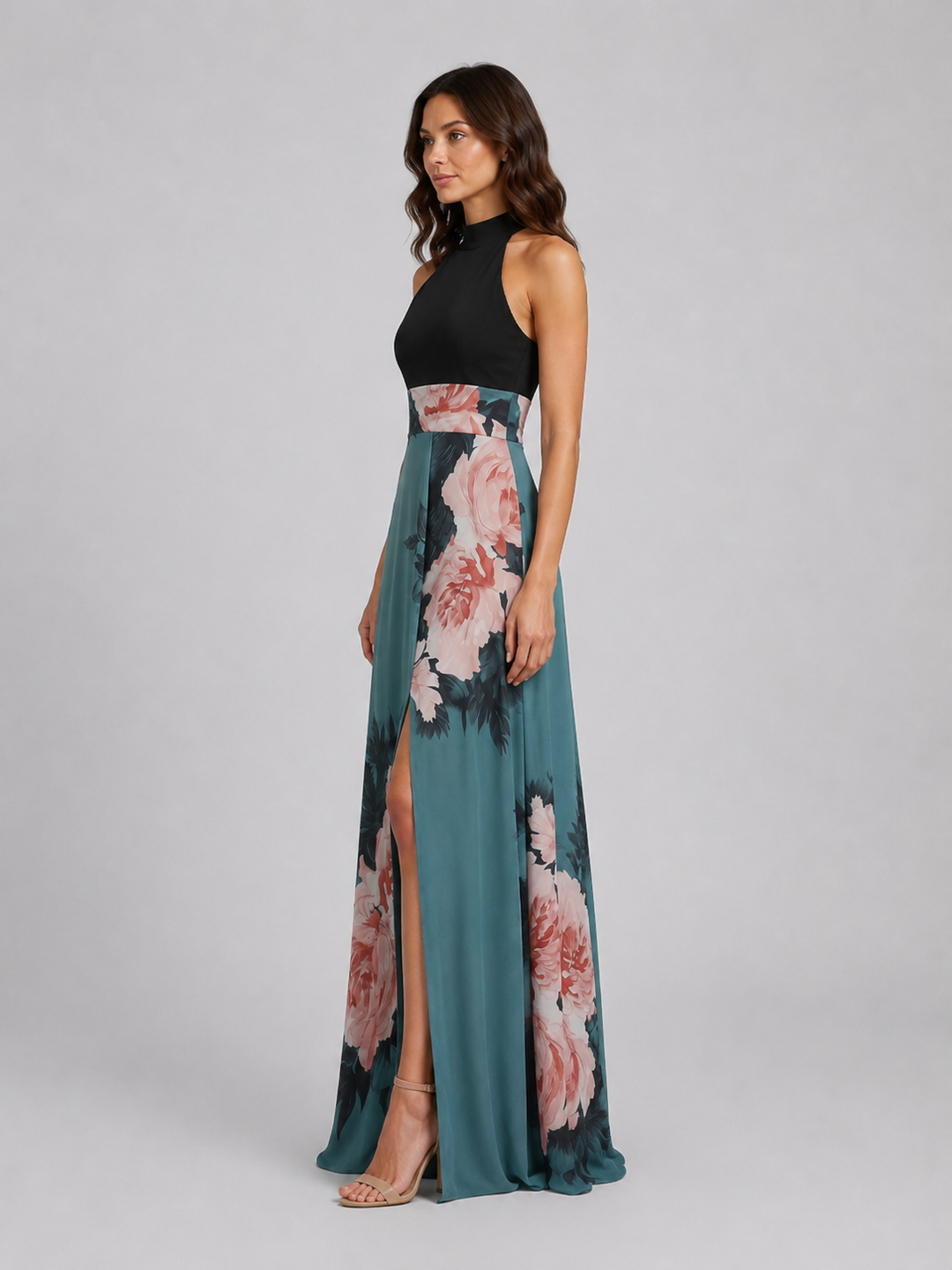Women's Floral Halter Neck Maxi Dress – Elegant Occasion Gown