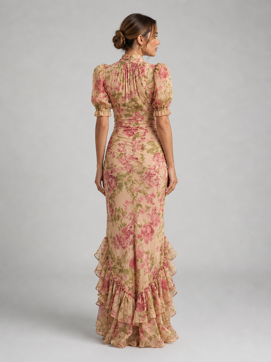 Women’s Floral High Neck Ruffle Maxi Dress – Flowy Printed Silhouette