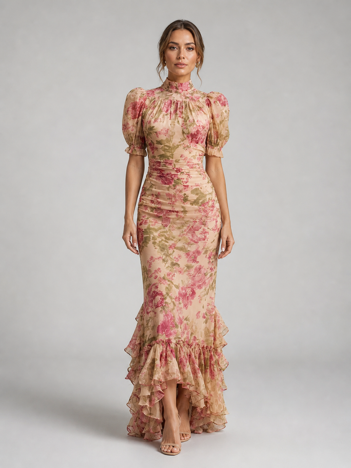 Women’s Floral High Neck Ruffle Maxi Dress – Flowy Printed Silhouette