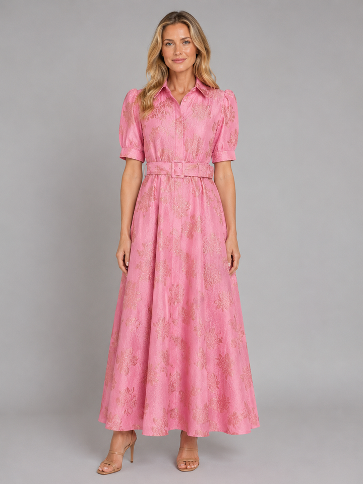 Women’s Floral Jacquard Maxi Dress – Flattering Belted Waist