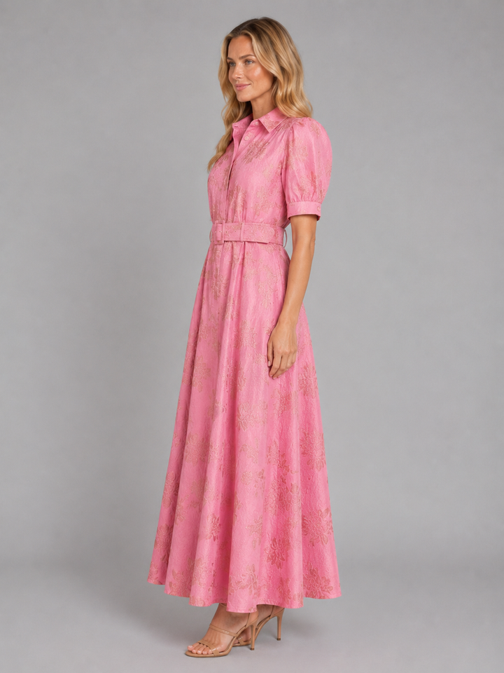 Women’s Floral Jacquard Maxi Dress – Flattering Belted Waist