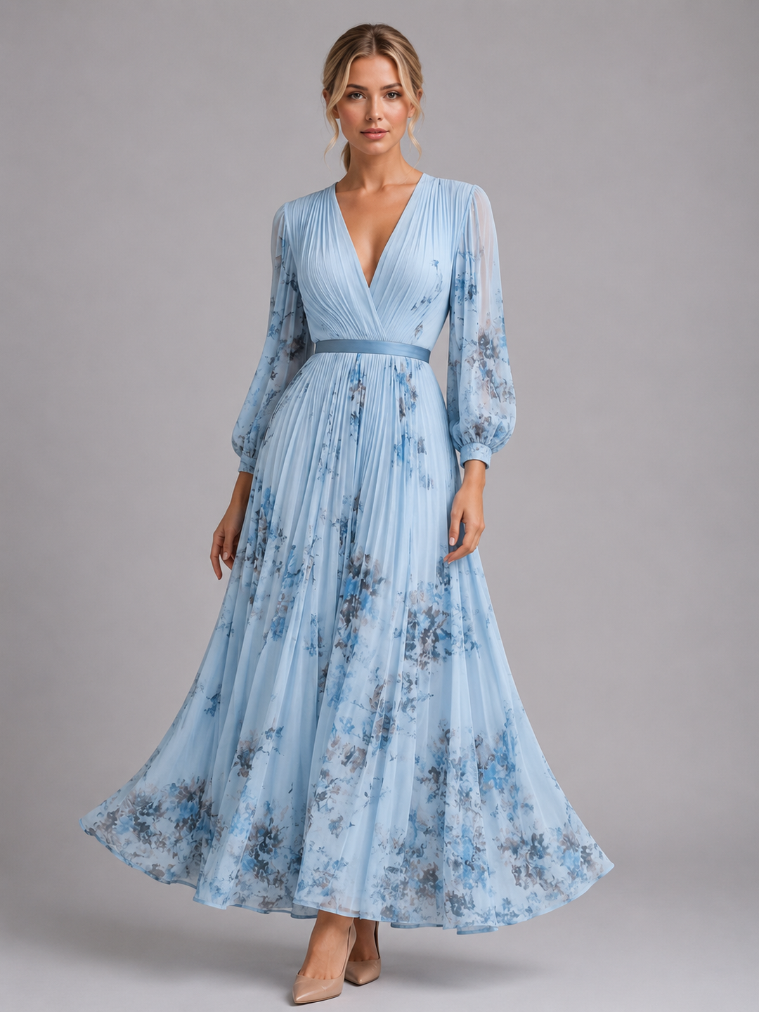 Women’s Floral Maxi Dress – Pleated A-Line Fit