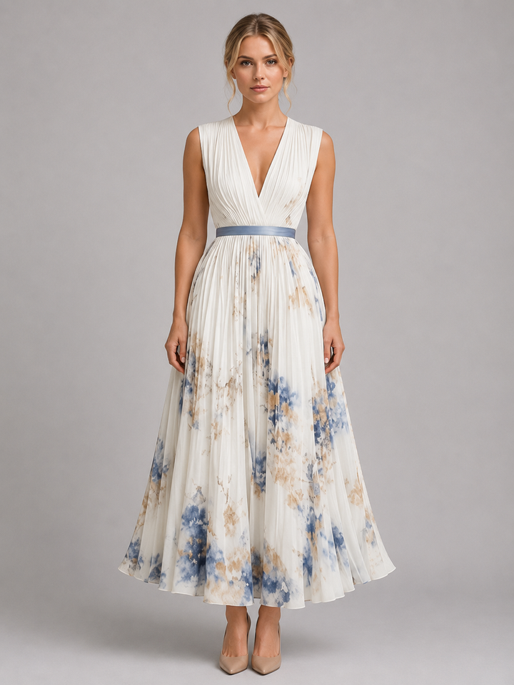 Women’s Floral Maxi Dress – Pleated A-Line Fit