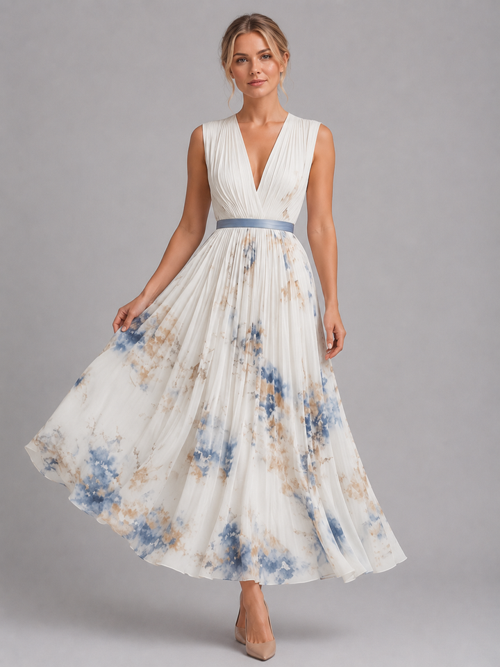 Women’s Floral Maxi Dress – Pleated A-Line Fit