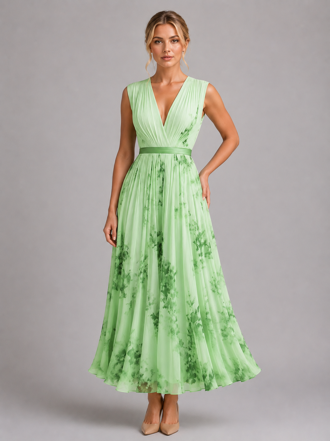 Women’s Floral Maxi Dress – Pleated A-Line Fit