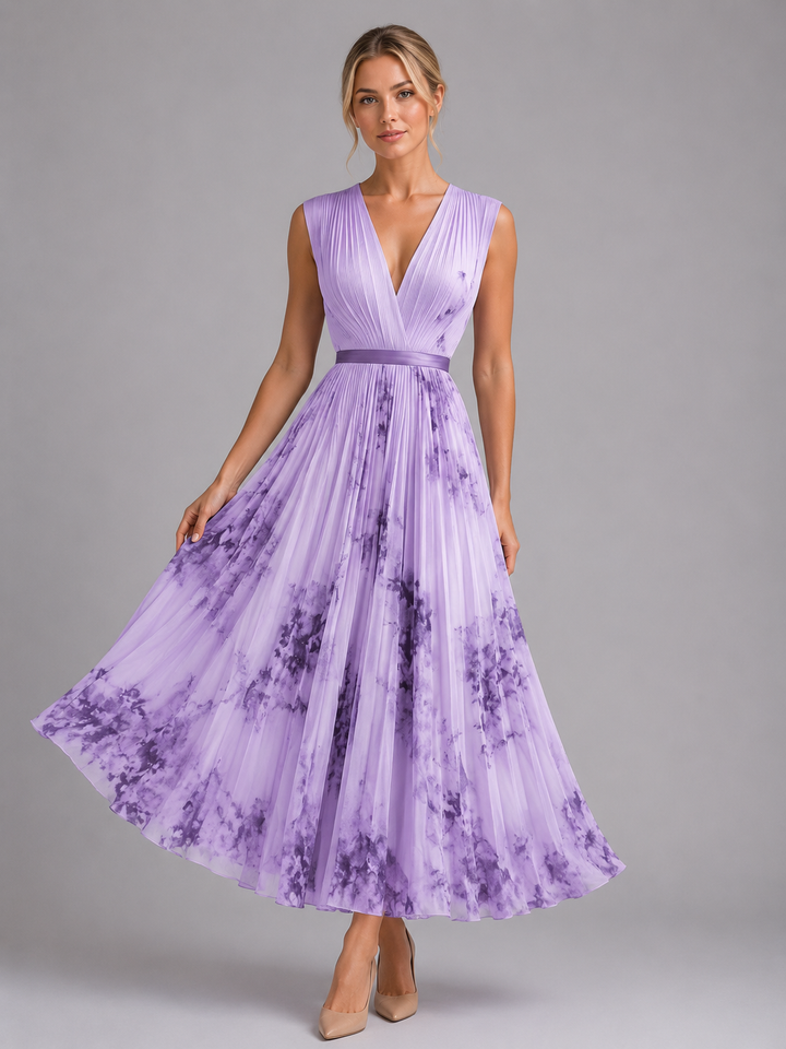 Women’s Floral Maxi Dress – Pleated A-Line Fit