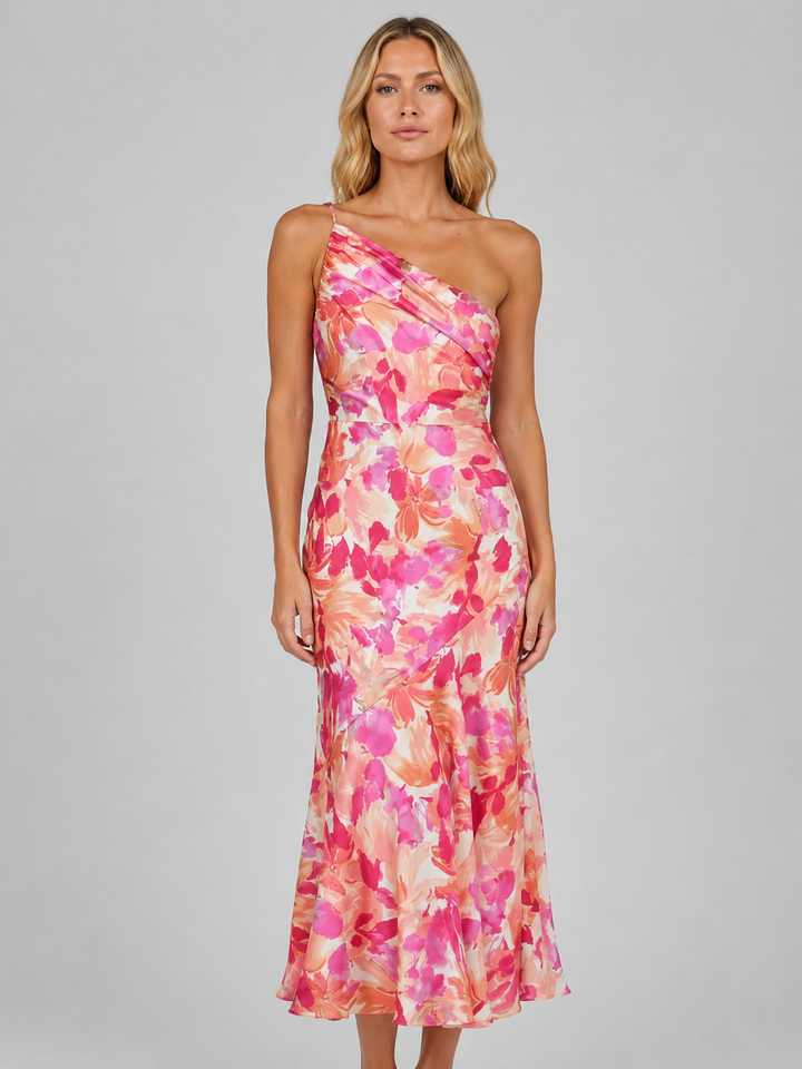 Women’s Floral One-Shoulder Midi Dress – Summer Occassion Style