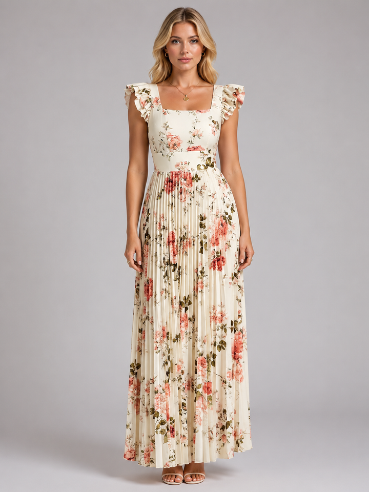 Women’s Floral Pleated Maxi Dress – Ruffle Sleeve Flowing Fit