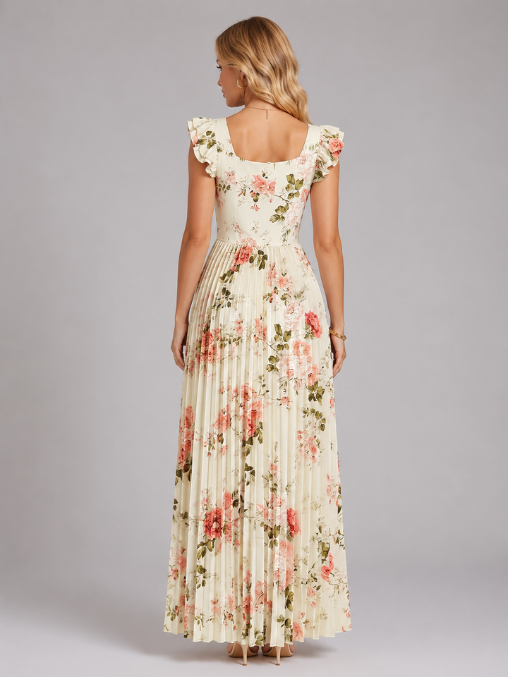 Women’s Floral Pleated Maxi Dress – Ruffle Sleeve Flowing Fit