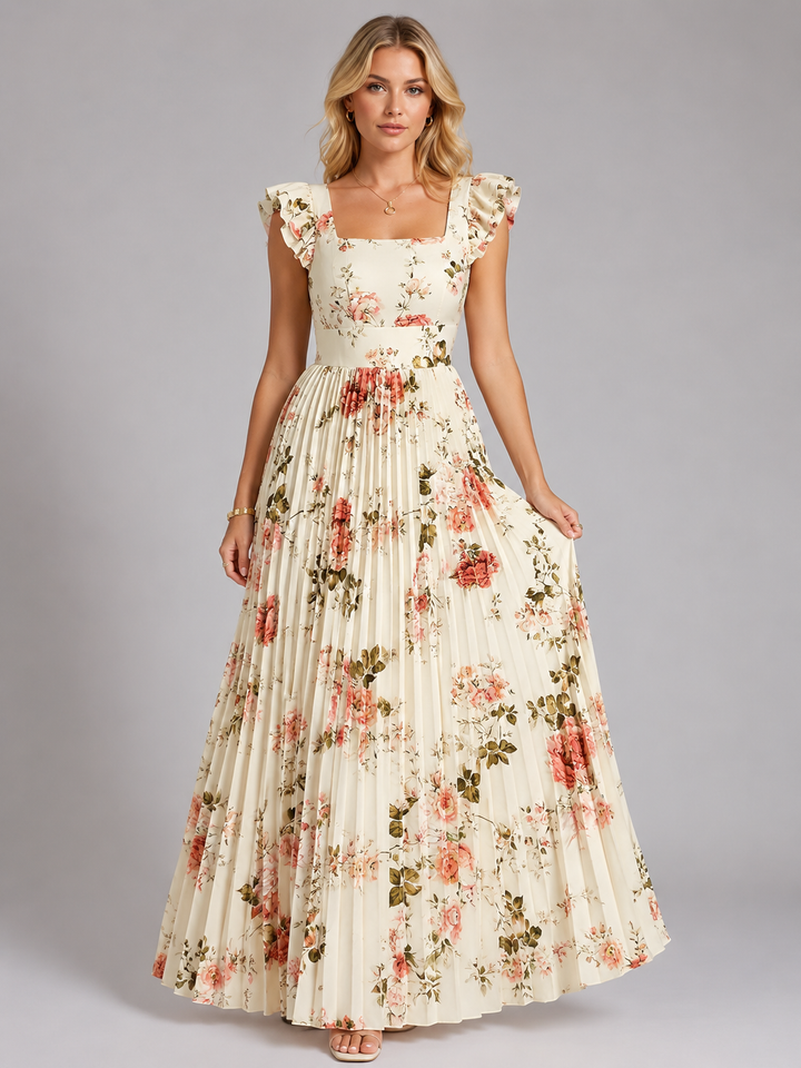 Women’s Floral Pleated Maxi Dress – Ruffle Sleeve Flowing Fit