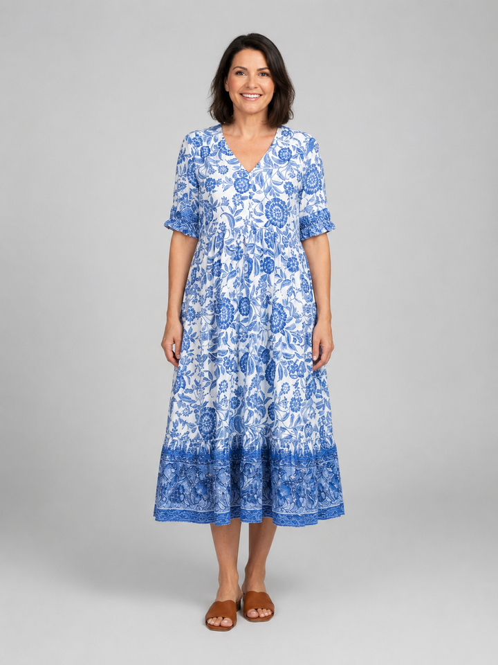 Women's Floral Print Midi Dress – V-Neck Tiered Summer Style