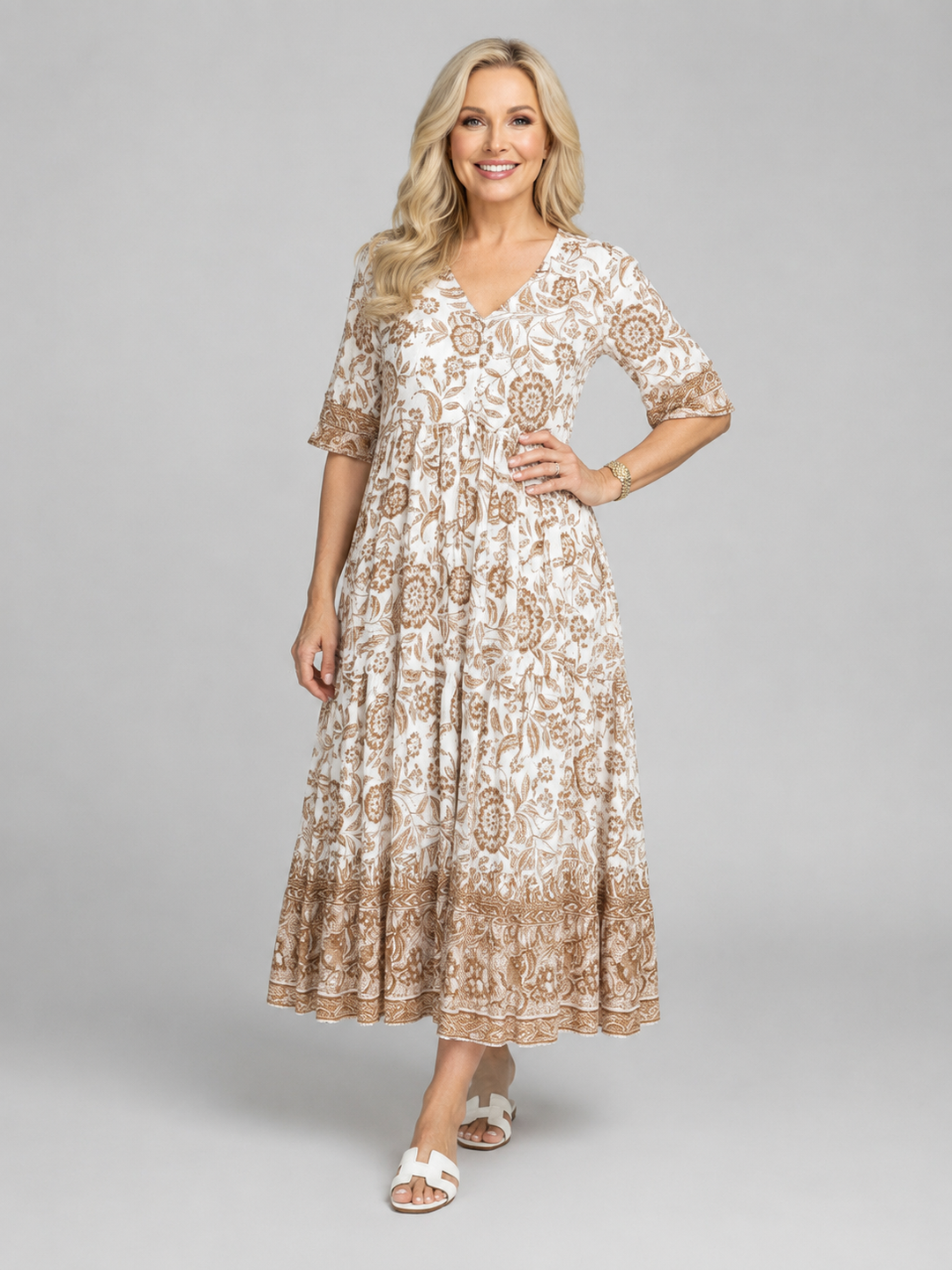 Women's Floral Print Midi Dress – V-Neck Tiered Summer Style
