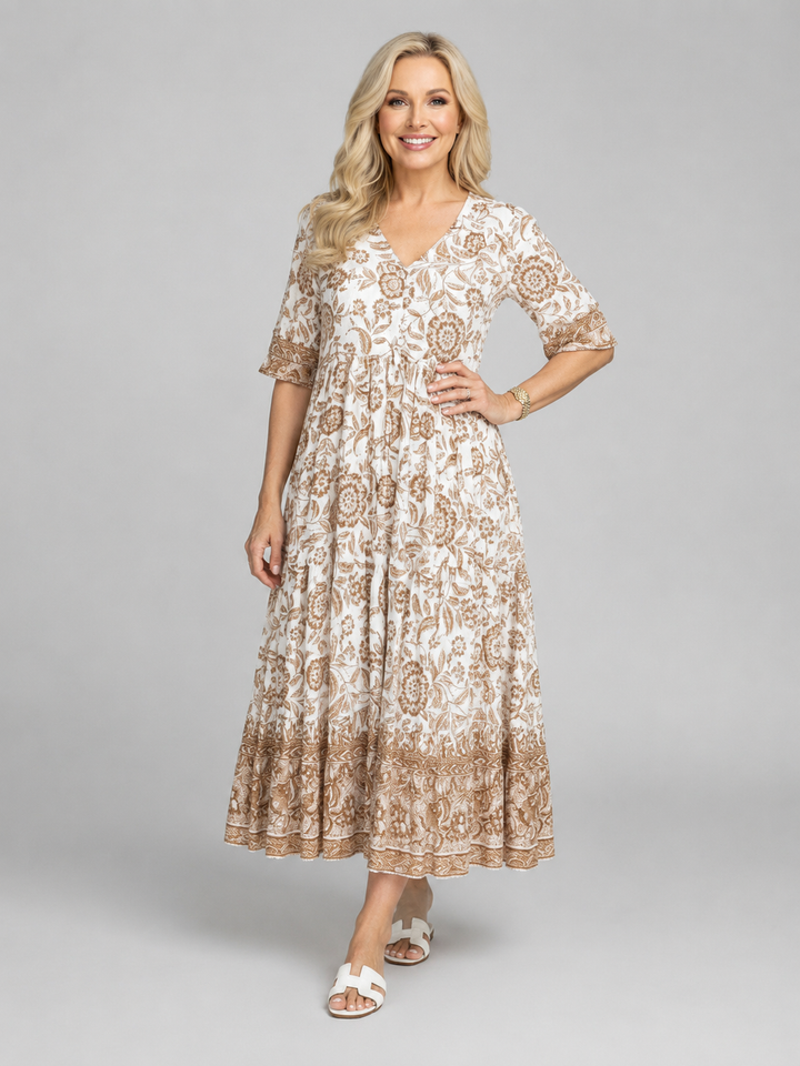 Women's Floral Print Midi Dress – V-Neck Tiered Summer Style