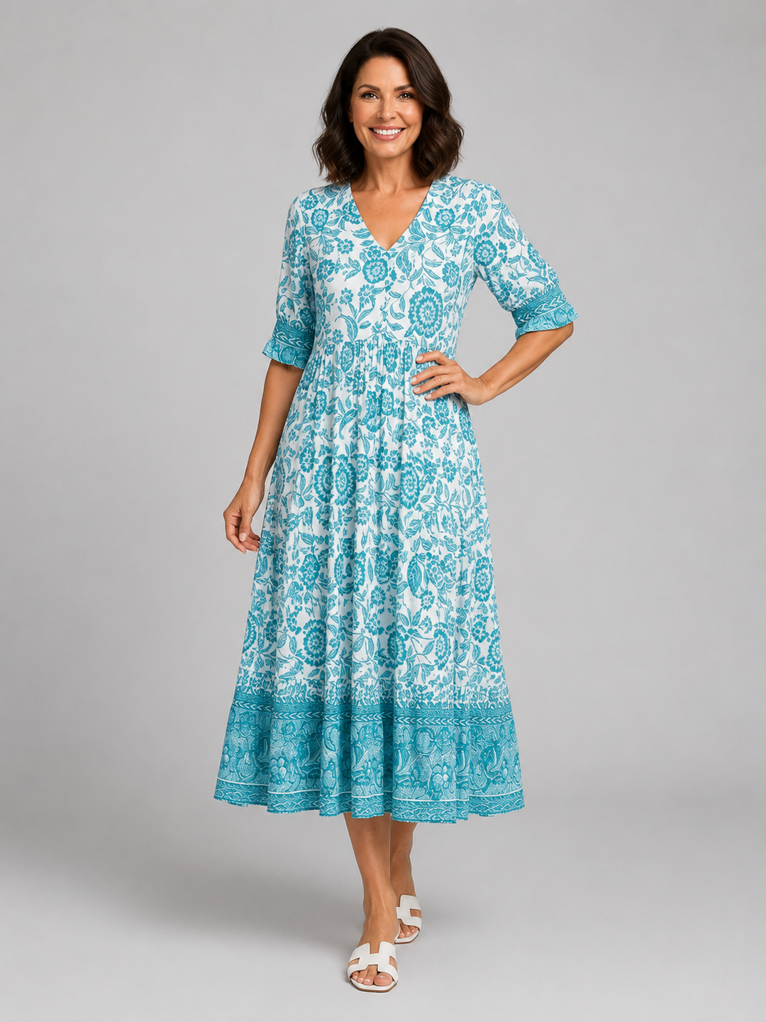 Women's Floral Print Midi Dress – V-Neck Tiered Summer Style