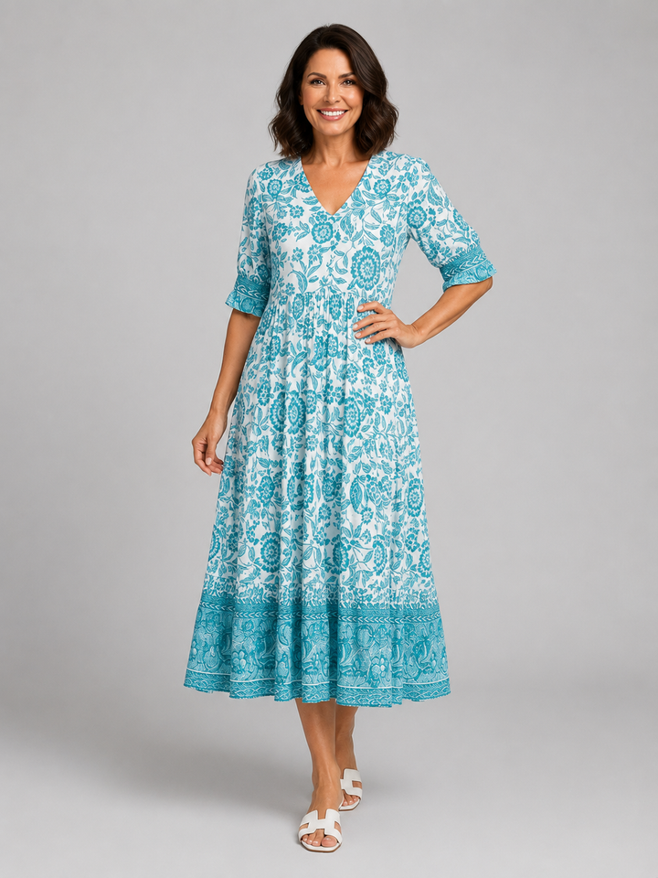 Women's Floral Print Midi Dress – V-Neck Tiered Summer Style