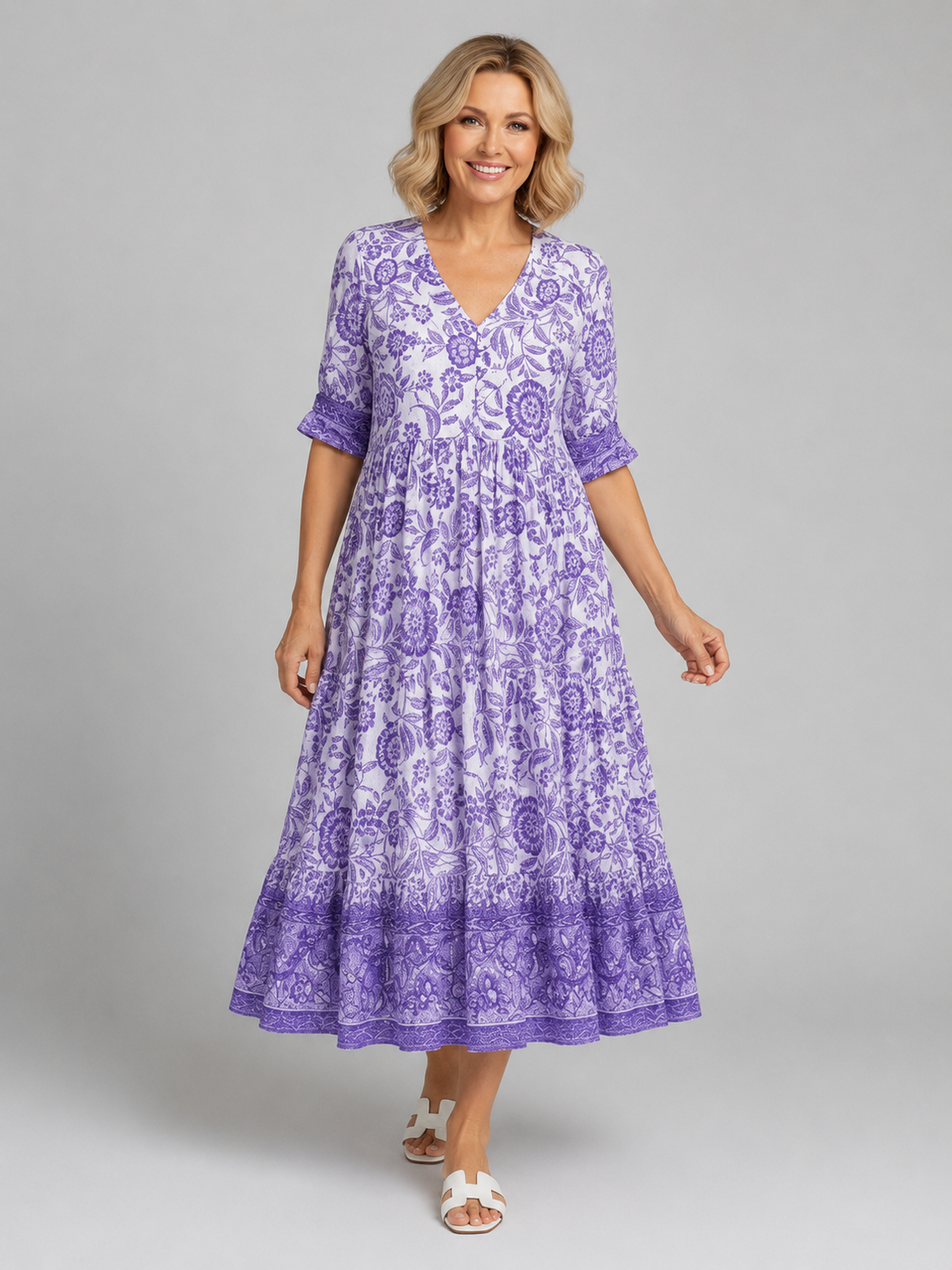 Women's Floral Print Midi Dress – V-Neck Tiered Summer Style
