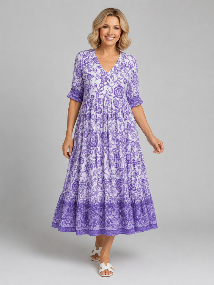 Women's Floral Print Midi Dress – V-Neck Tiered Summer Style