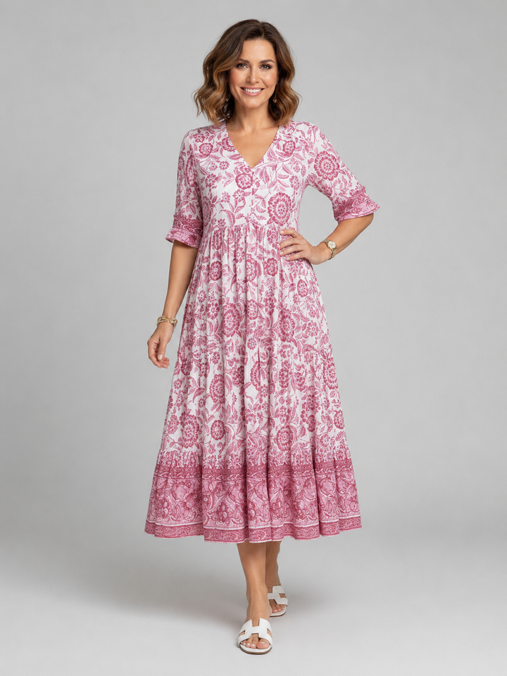 Women's Floral Print Midi Dress – V-Neck Tiered Summer Style