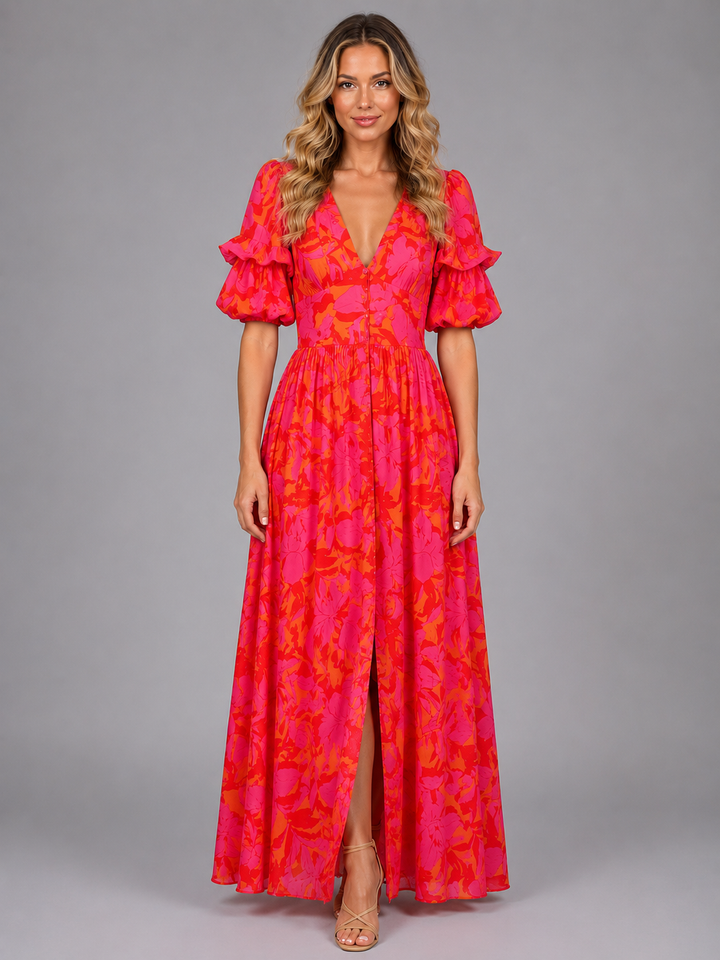 Women’s Floral Puff Sleeve Maxi Dress – Summer Occasion Style