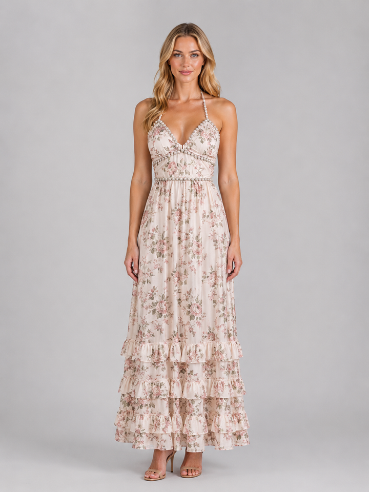 Women's Floral Ruffle Maxi Dress – Beaded Halter Neck