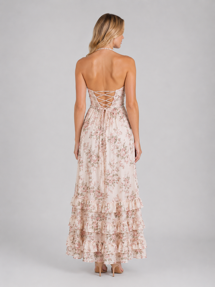 Women's Floral Ruffle Maxi Dress – Beaded Halter Neck